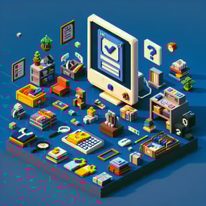 3D voxel art depicting online thrift store survey concept on a dark blue background.