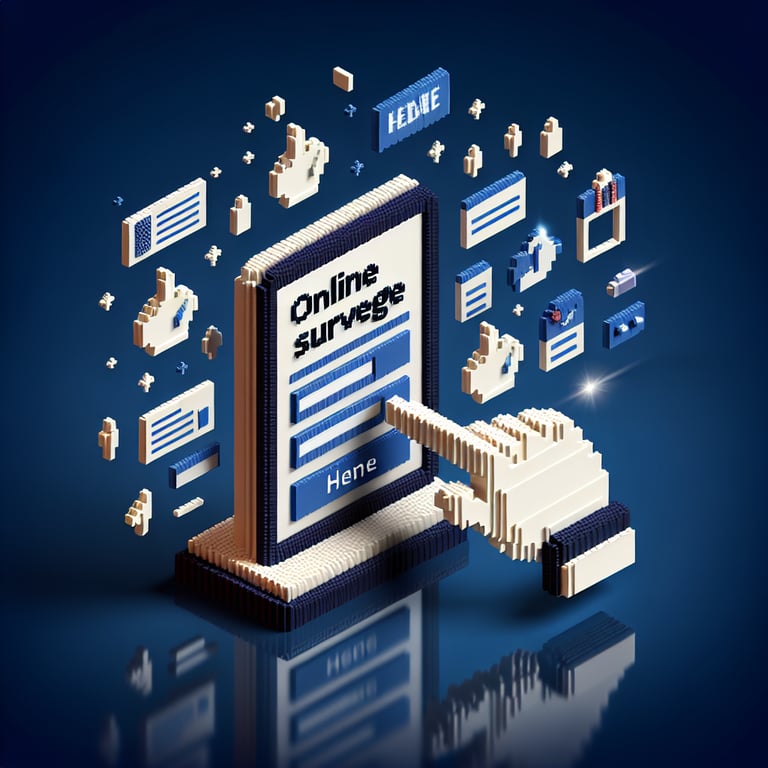 3D voxel art depicting an online survey, symbolizing employment status inquiries, on a dark blue background.