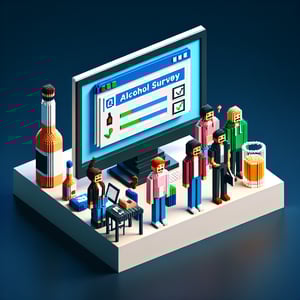 3D voxel art illustrating online survey concept related to alcohol use among college students.
