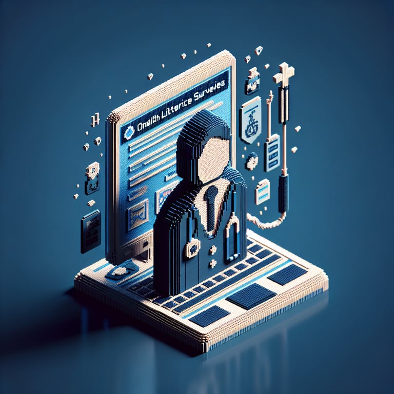 3D voxel art depicting online health literacy surveys on a dark blue background.