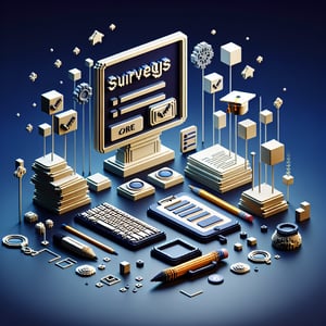 3D voxel art depicting online education surveys, with engaging elements on a dark blue background.