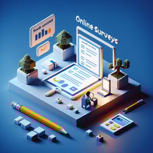 3D voxel art depicting online survey concept on a dark blue background, relevant to school counseling needs assessment.
