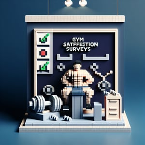3D voxel art depicting online gym satisfaction survey on a dark blue background.
