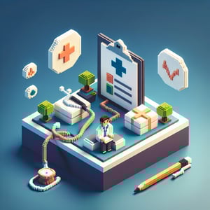 3D voxel art depicting online patient-centered care survey concept on a dark blue background.