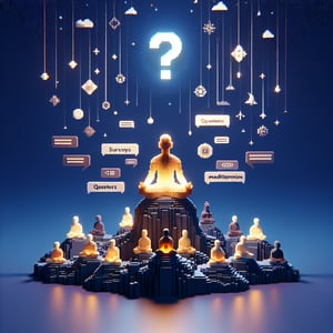 3D voxel art depicting online meditation surveys on a dark blue background.