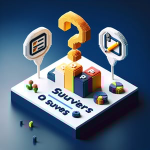 3D voxel art depicting the concept of online teacher surveys on a dark blue background.