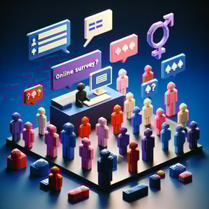 3D voxel art depicting the concept of online, gender inclusive surveys on a dark blue background.