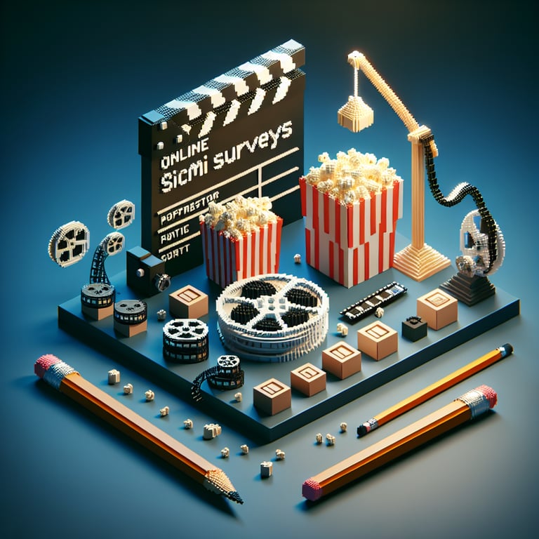 3D voxel art depicting online cinema surveys with engaging elements on a dark blue background.