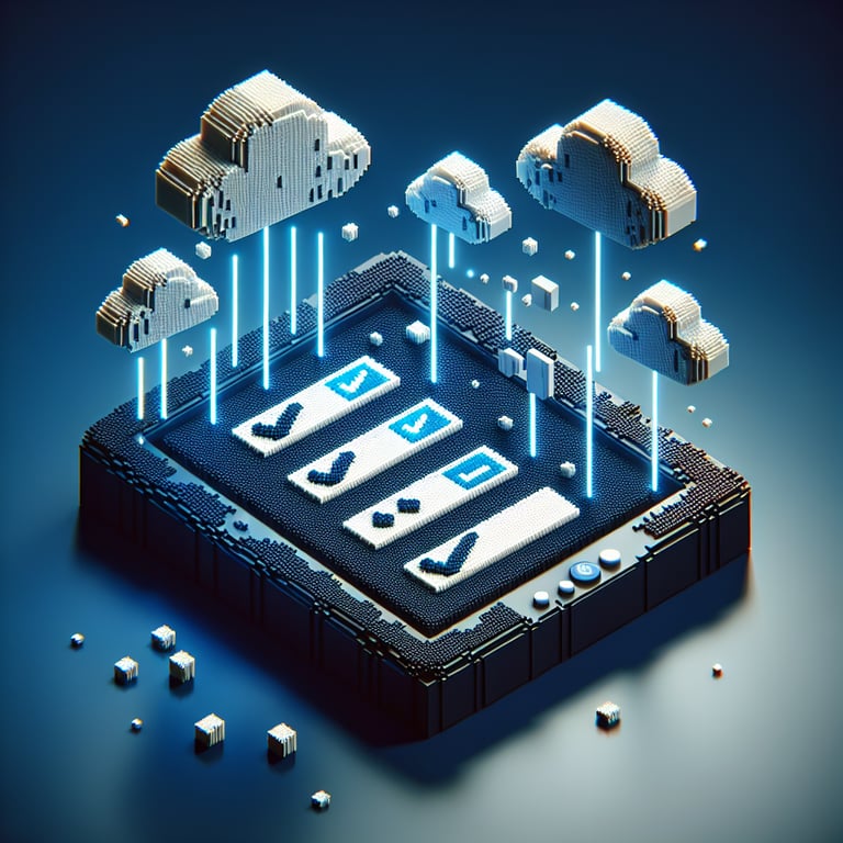 3D voxel art depicting digitalization surveys, with dark blue background and engaging elements.