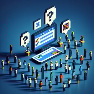 3D voxel art depicting online surveys concept on a dark blue background for conference attendees.