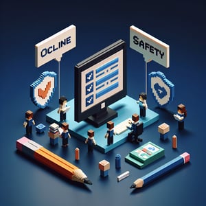 3D voxel art depicting online school safety survey with dark blue background.