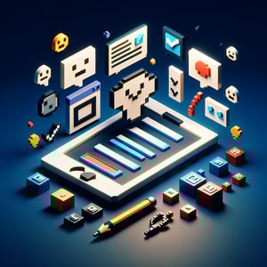 3D voxel art illustrating the concept of online product survey questions on a dark blue background.