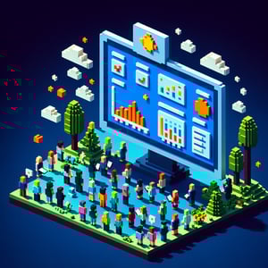 3D voxel art depicting online climate and culture surveys against a dark blue background.
