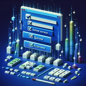 3D voxel art depicting online software surveys on a dark blue background.