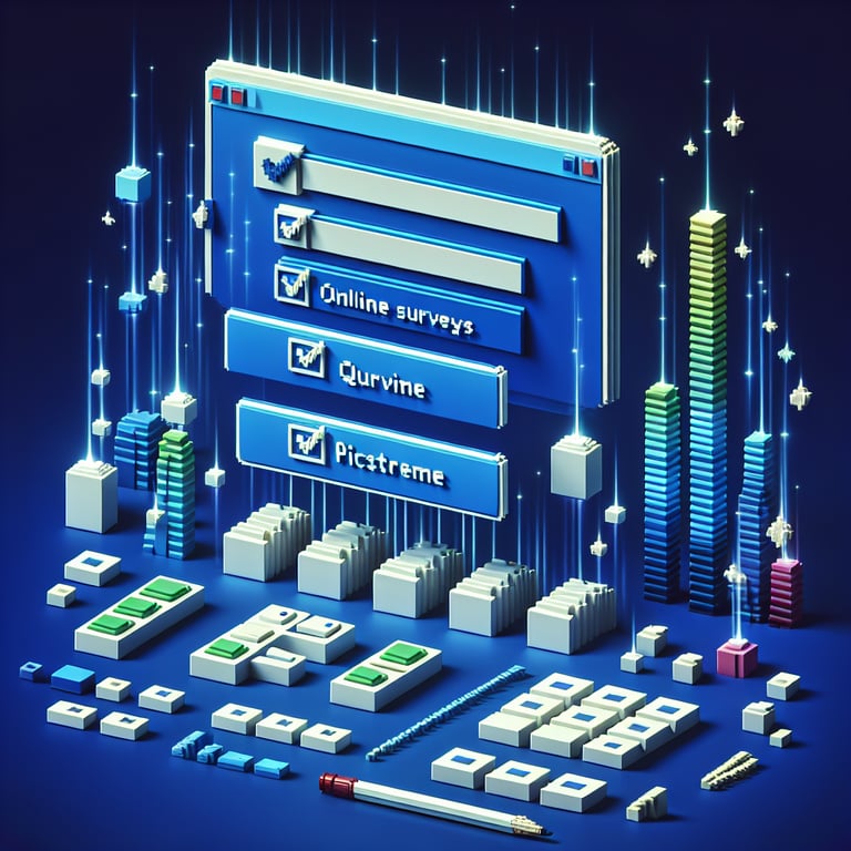 3D voxel art showing an interactive software assessment widget with a dark blue theme
