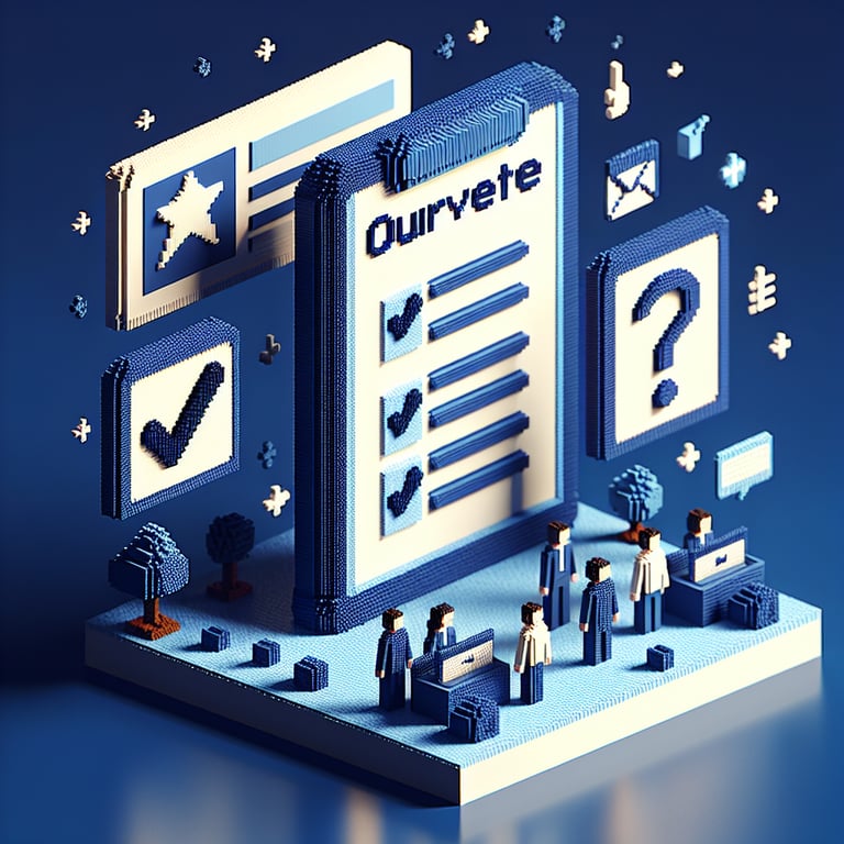3D voxel art depicting online surveys, with a dark blue background, for customer feedback.