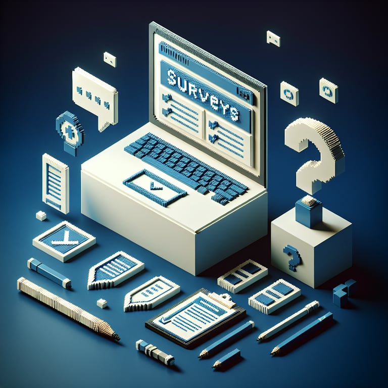 3D voxel art depicting online administration surveys, with dark blue background.