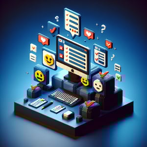 3D voxel art representing online patient satisfaction surveys, with a dark blue background.