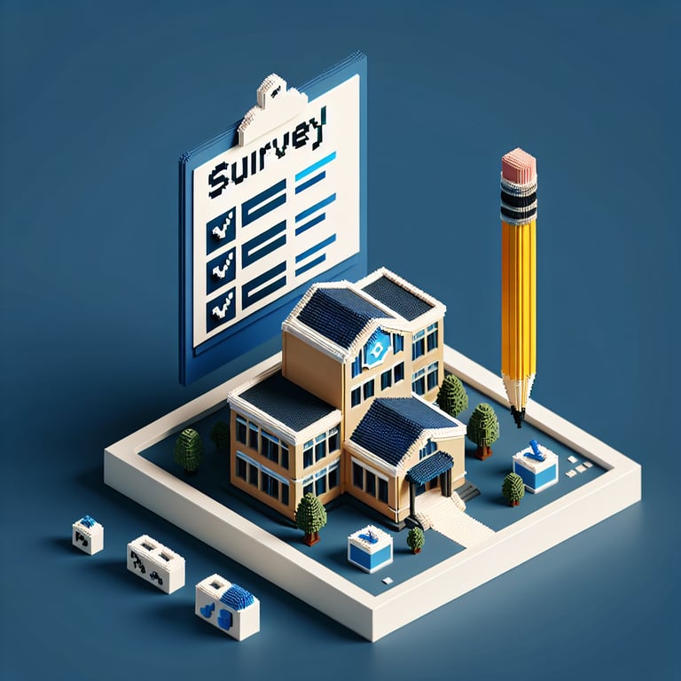 3D voxel art depicting online school attitude surveys on a dark blue background.