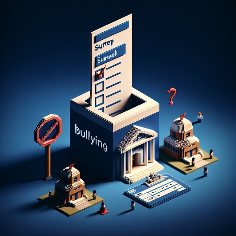 3D voxel art illustrating student anti-bullying survey interface