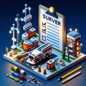3D voxel art depicting online fire department surveys on a dark blue background.