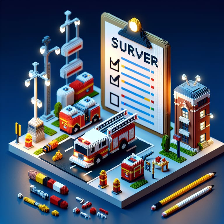 3D voxel art showcasing a fire department survey interface with firefighter safety metrics