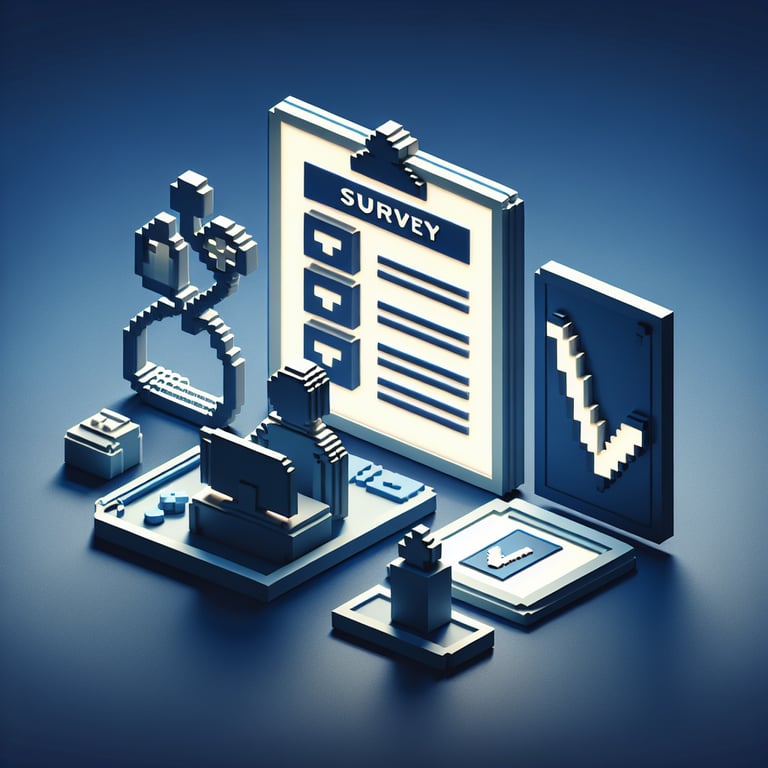 3D voxel art depicting the concept of online healthcare surveys on a dark blue background.