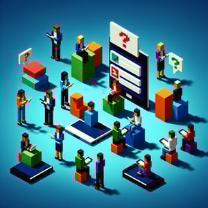 3D voxel art depicting online surveys with a dark blue background, representing Family Feud survey answers.