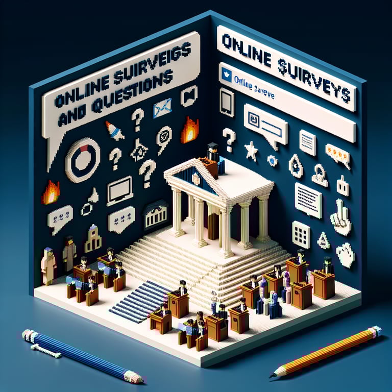 3D voxel art depicting online surveys on a dark blue background, symbolizing campus ethnic diversity.