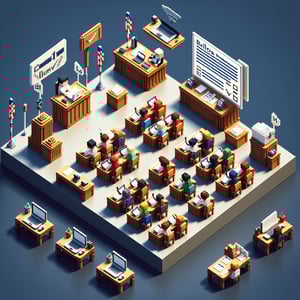 3D voxel art depicting the concept of online classroom surveys on a dark blue background.