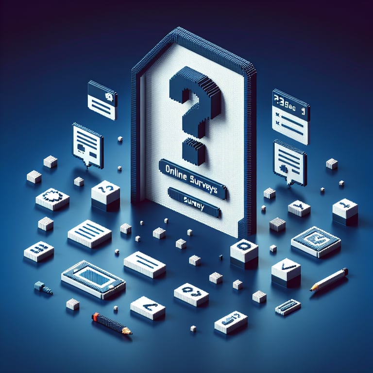 3D voxel art depicting online surveys and questions for a B2B software company, set against a dark blue background.
