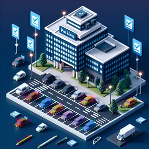 3D voxel art of an online survey form, symbolizing campus parking survey questions, against a dark blue background.