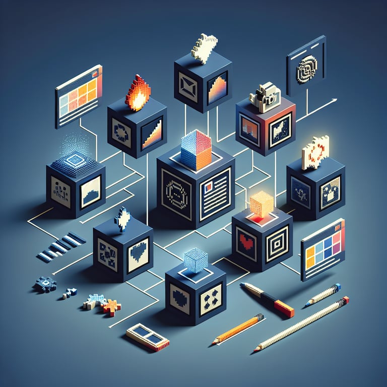 3D voxel art depicting online surveys, suitable for a landing page on image preference surveys.