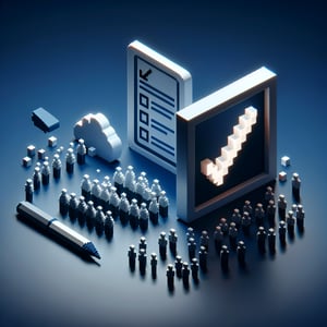 3D voxel art depicting an online survey concept, with a dark blue background.