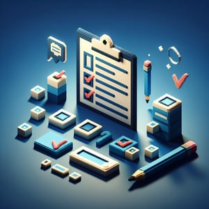 3D voxel art depicting online survey concept on a dark blue background for print shop surveys.
