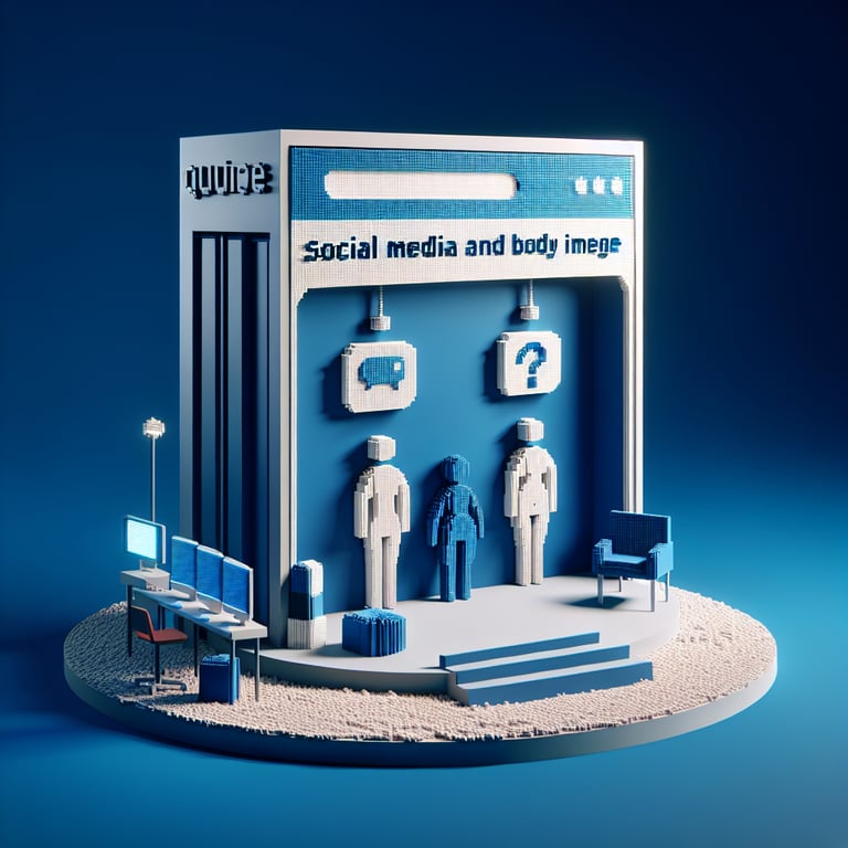 3D voxel art depicting online surveys on social media and body image, set against a dark blue background.