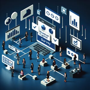 3D voxel art depicting online federal human capital surveys on a dark blue background.