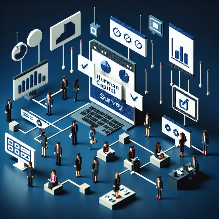 3D voxel art depicting online federal human capital surveys on a dark blue background.