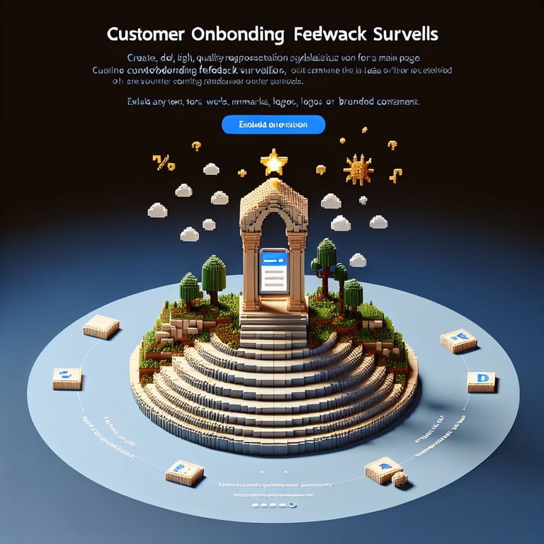 3D voxel art depicting online surveys, symbolizing customer onboarding feedback, with a dark blue background.