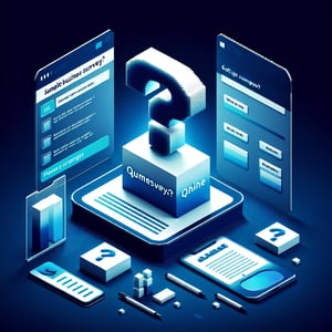 3D voxel art depicting online surveys and questions against a dark blue background.
