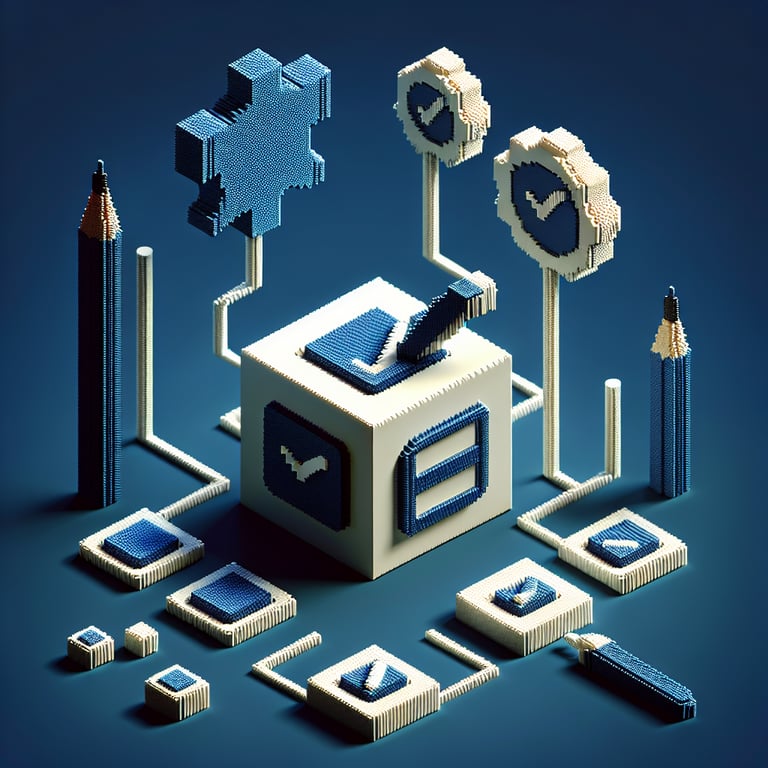 3D voxel art depicting online surveys, with a dark blue background, suitable for administrators.
