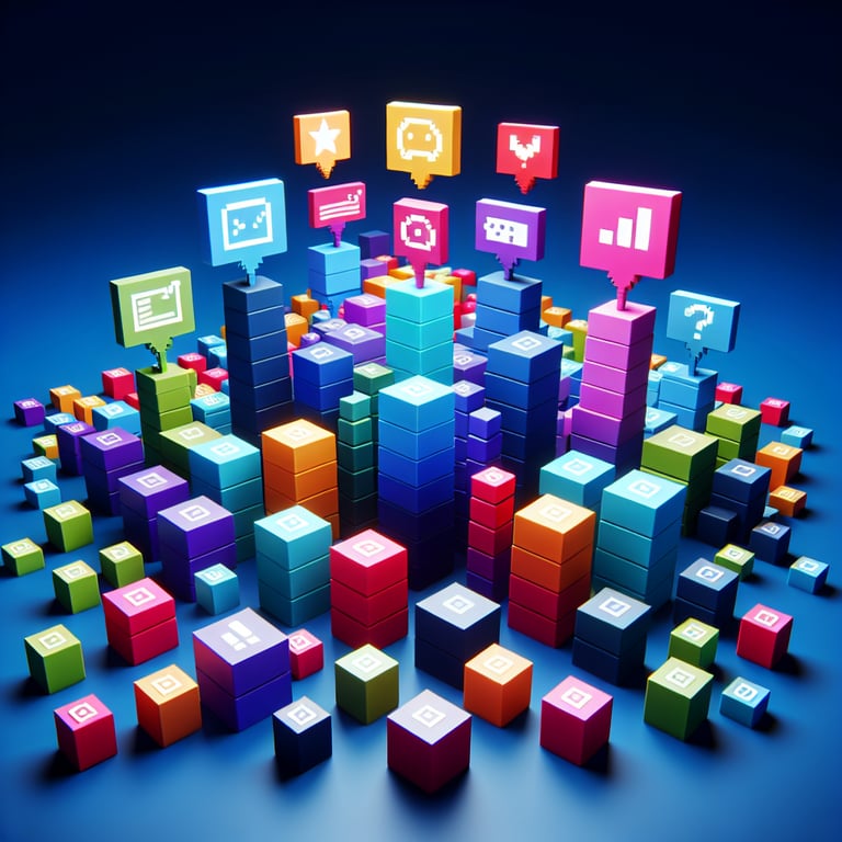 Artistic 3D voxel illustration of employee feedback survey themes