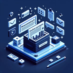 3D voxel art depicting the concept of online newsletter feedback survey questions on a dark blue background.