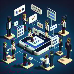 3D voxel art depicting online employee evaluation survey process on a dark blue background.