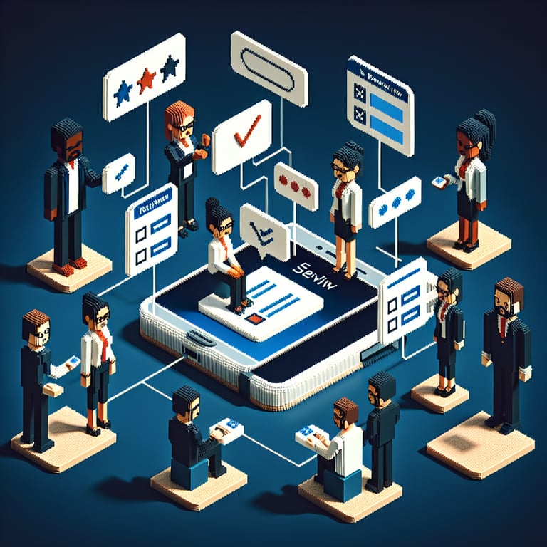 3D voxel art depicting online employee evaluation survey process on a dark blue background.