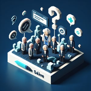 3D voxel art depicting online aged care survey concept on a dark blue background.