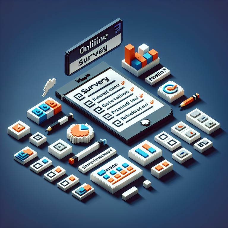 3D voxel art depicting online research survey process on a dark blue background.