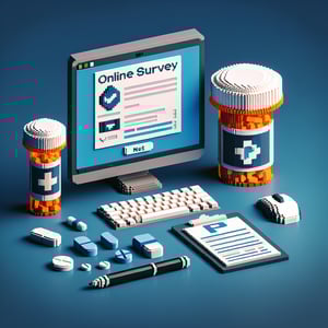 3D voxel art depicting the concept of online prescription drug surveys on a dark blue background.