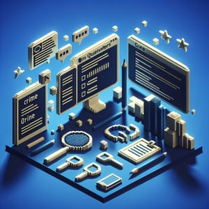3D voxel art depicting the concept of online crime surveys and questionnaires on a dark blue background.