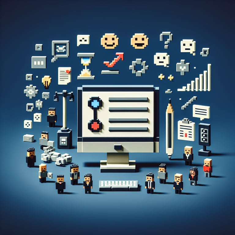 Artistic 3D voxel illustrating a staff morale questionnaire with dynamic response icons